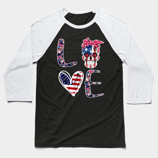 Sugar Skull Heart American Flag 4th of July Patriotic Baseball T-Shirt by luxembourgertreatable